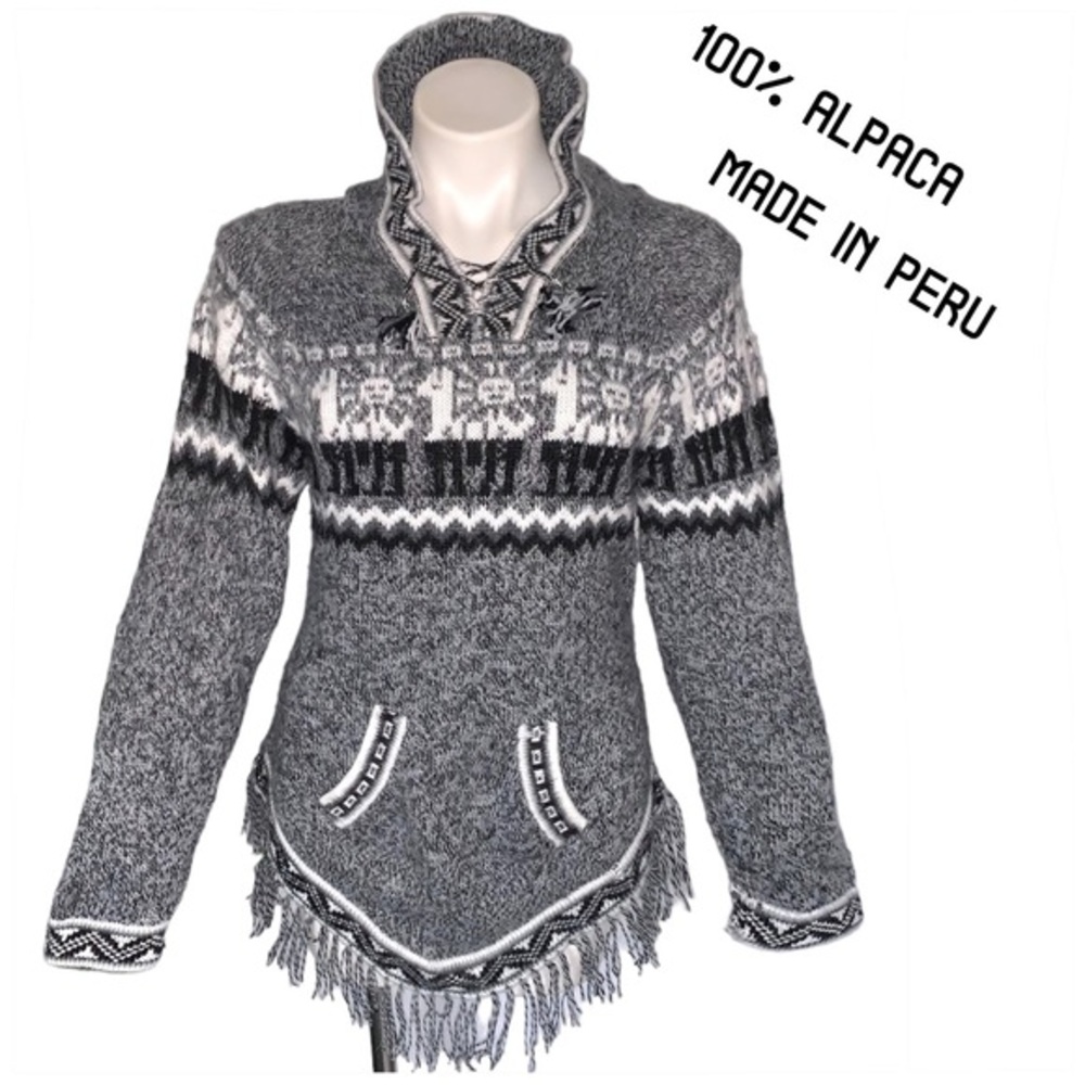 Peruvian Alpaca Sweater Pullover Tribal Fringe Hooded